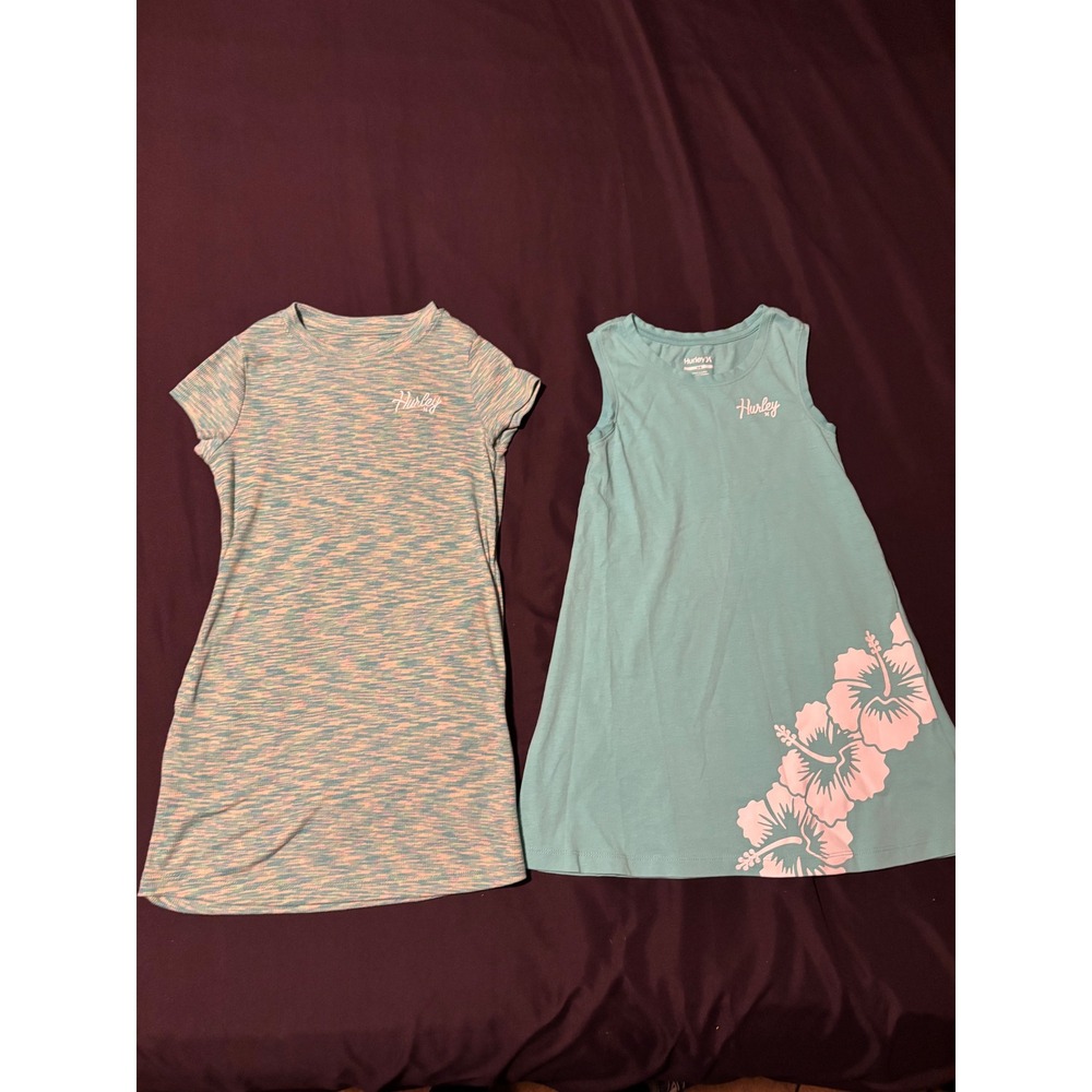 Hurley Girls 2pc Dress Set Size 5/6 Aqua Hibiscus Floral & Multi Space Dye Knit